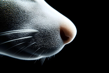 Close-up of a Cat's Nose and Whiskers with Detailed Fur Texture Against a Dark Background