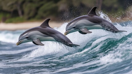 Obraz premium Dolphins Jumping Above Waves in Oceanic Natural Habitat