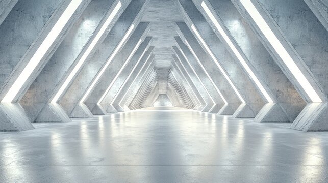 Concrete hallway with triangular light beams.