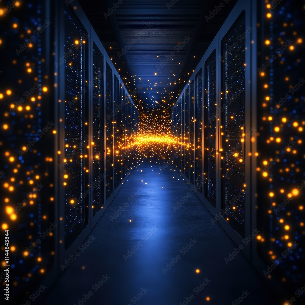 Aufkleber dynamic fiber optic installation in a minutew data center high-tech environment futuristic viewpoint