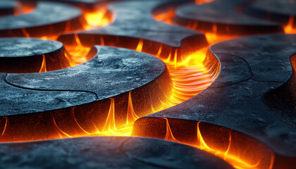 Lava flow creates abstract visual of thermal energy distribution, showcasing glowing orange and red hues against dark textured surfaces. dynamic patterns evoke sense of heat and movement