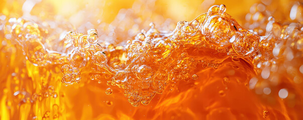 Bubbles rise in vibrant orange liquid, creating mesmerizing visual effect. interplay of light and texture enhances dynamic feel of this refreshing scene