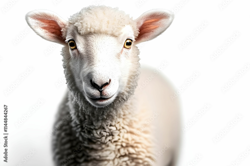 Poster close-up portrait of a curious sheep with soft wool and bright eyes on a white background