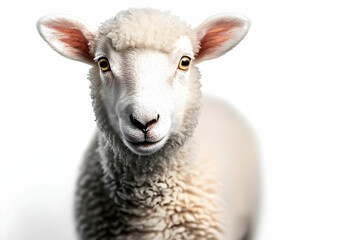 Fototapeta premium Close-Up Portrait of a Curious Sheep with Soft Wool and Bright Eyes on a White Background