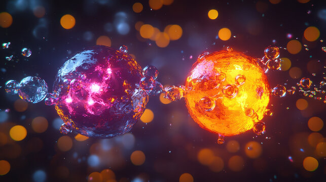 Colorful abstract representation of exothermic and endothermic reactions, showcasing vibrant spheres with bubbles, symbolizing energy transfer and chemical processes