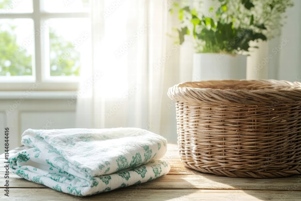 Poster a stack of neatly folded towels rests next to an empty wicker basket on a rustic wooden table, in a 