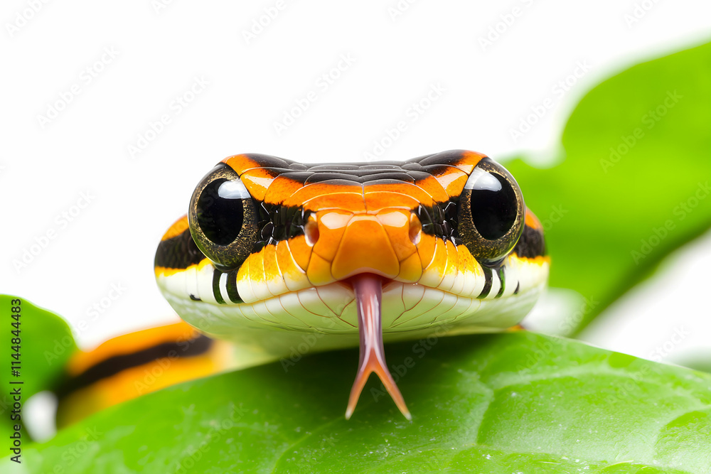 Poster close-up of vibrantly colored snake with striking patterns and tongue flicking on leafy background