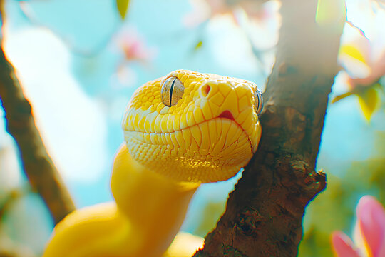 Captivating Close-Up of a Yellow Python Resting on a Branch Surrounded by Vibrant Blossoms in Natural Habitat