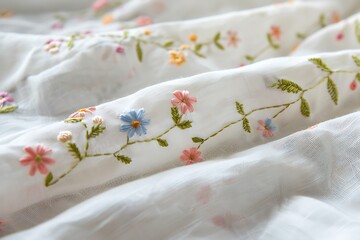 a delicate hand embraided floral pattern with green leaves on white fabric 