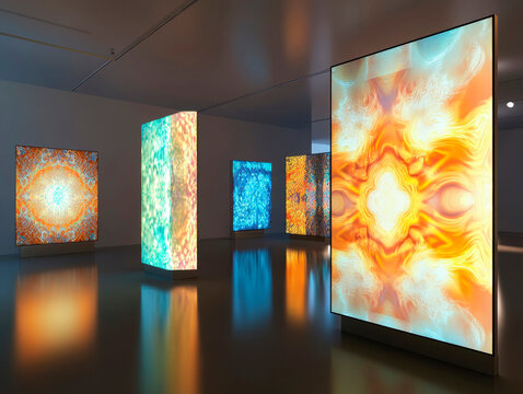 Indoor gallery with vibrant, abstract artwork displayed on illuminated vertical displays The artworks have a psychedelic quality, featuring nature-inspired patterns and a rich color palette of yello