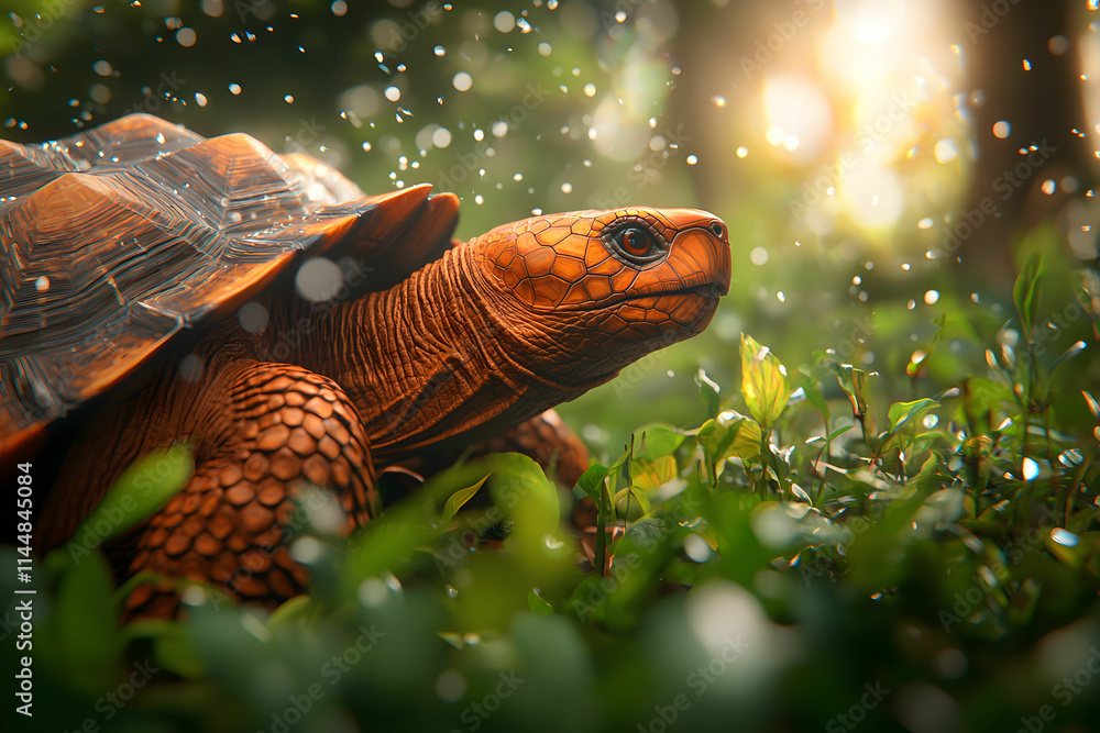 Poster close-up of a beautiful turtle in a lush green environment with soft light and sparkling bokeh effec
