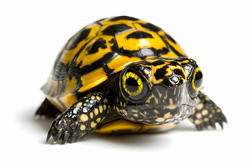 Obraz premium Brightly Colored Tropical Turtle with Distinct Yellow and Black Shell Displayed on White Background