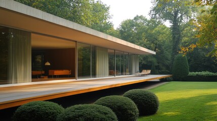 Obraz premium Modern house with large glass windows and lawn surrounded by trees.