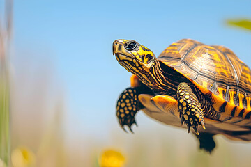 Colorful Turtle in Mid-Flight Against a Clear Blue Sky with Vibrant Flora Below