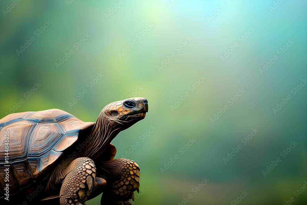 Poster close-up view of a turtle in a natural habitat with blurred background and soft lighting