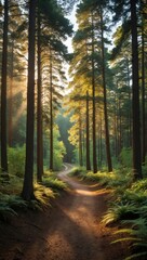 Obraz premium Winding path through a sunlit forest with towering trees and lush greenery