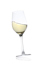 Tasty wine splashing in glass on white background