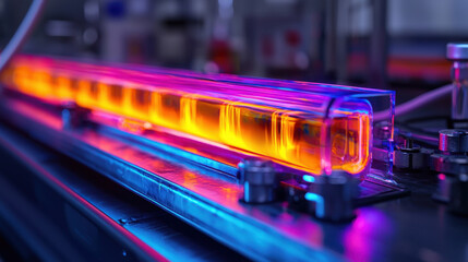 Obraz premium vibrant thermal barrier showcasing temperature gradient in lab setting, illuminated with striking colors of orange, purple, and blue, highlighting scientific experimentation