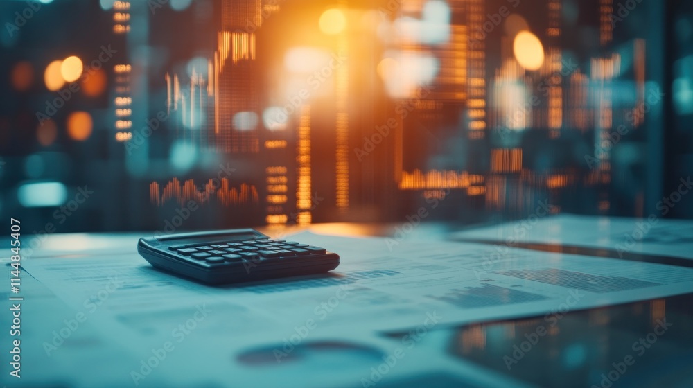 Aufkleber calculator on financial reports with graphs and blur bokeh.