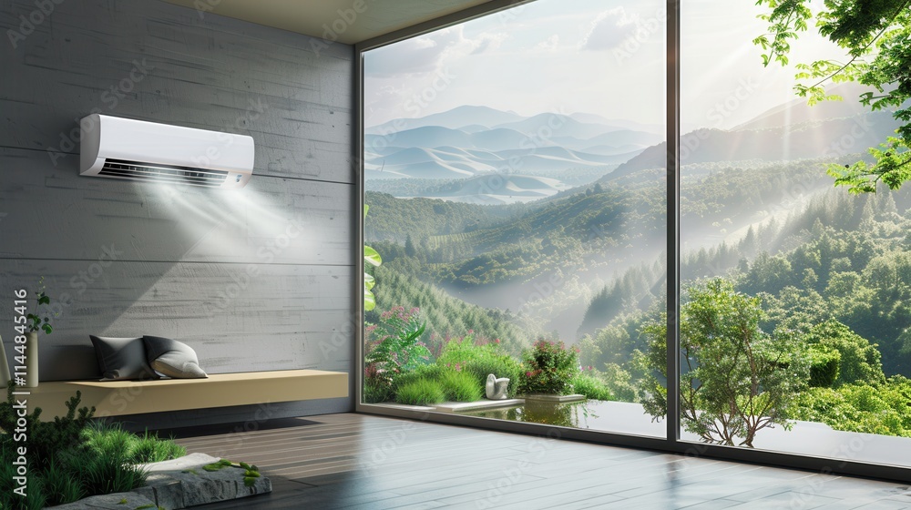 Poster Air conditioner on wall next to open window with scenic mountain view in bright natural light. Generative AI
