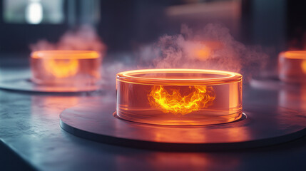 Visualization of heat transfer in glowing circular containers, showcasing dynamic energy and steam effects. scene captures essence of thermal interactions vividly