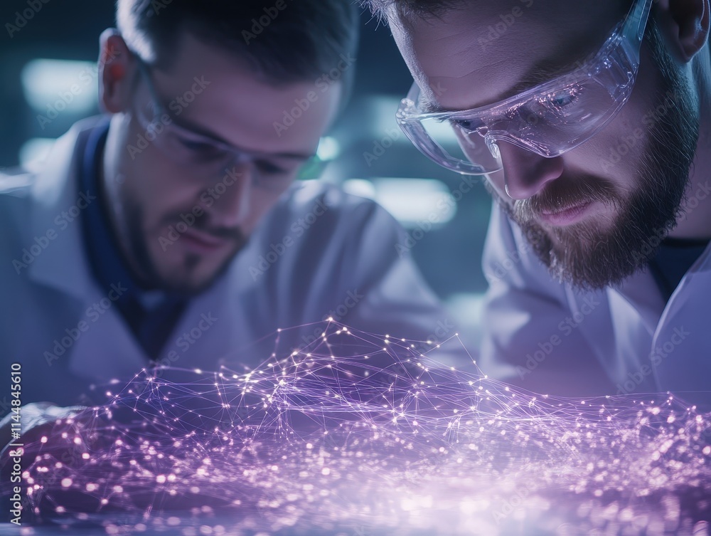 Aufkleber engineers testing innovative glowing fiber optic cables in high-tech lab environment close-up view c