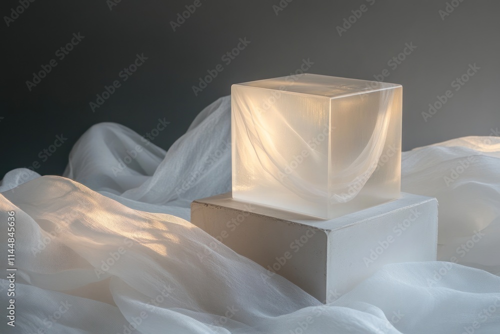 Aufkleber light shines through a cube of translucent material on white fabric.