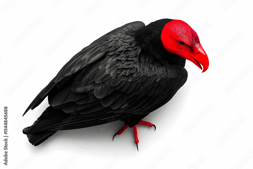 Poster vibrant black bird with red head and sharp beak displaying unique features on white background