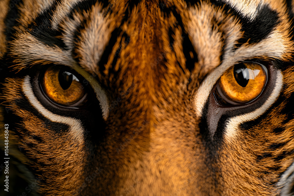 Poster close-up view of a tiger's intense eyes showcasing unique patterns and striking orange colors in a n