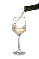 Pouring wine into glass on white background
