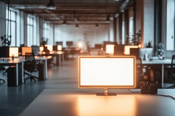 modern open-plan workspace with glowing screens and ergonomic furniture under soft natural light