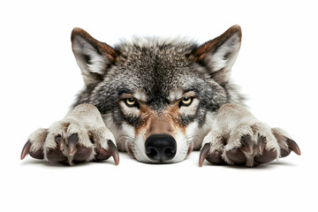 Fototapeta premium Intense Close-Up of a Lying Wolf with Focused Eyes and Prominent Claws on a White Background
