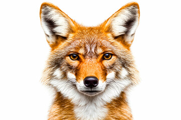 Fototapeta premium Close-Up Portrait of a Fierce Wild Fox Showcasing Intense Eyes and Detailed Fur on White Background