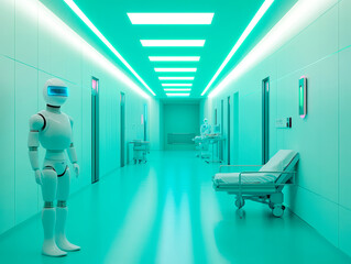 A humanoid robot stands in a futuristic, sterile medicallaboratory setting with neon lighting The room contains various equipment like examination tables or beds with adjustable rails The robot ha