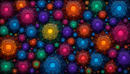 Colorful abstract flowers and circles creating a vibrant pattern on a dark background
