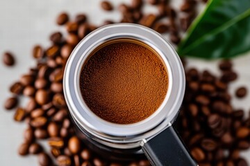 A view from above of ground coffee in a container surrounded by beans with a green leaf, symbolizing freshness and a rich aromatic experience.
