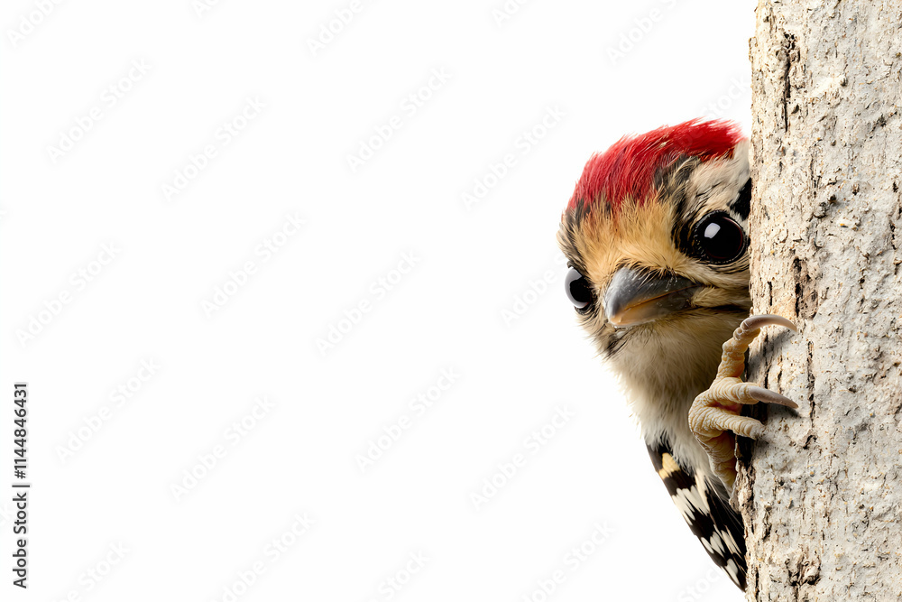Poster curious small bird peeking from behind a tree trunk with red crown and striking features in natural 