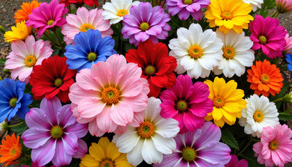 Fototapeta premium Vibrant bouquet of colorful flowers including pink, yellow, white, and purple varieties 