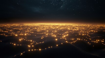 Glowing fiber optic landscape fantasy sci-fi scene digital art night sky aerial view futuristic concept