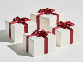 Fototapeta premium Paquets cadeaux blancs rubans rouges lumière naturelle fond blanc, Noël, fin d'année, anniversaire