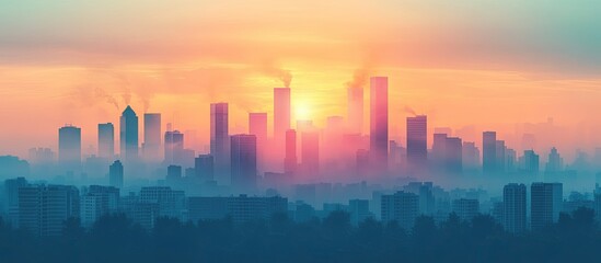 Fototapeta premium Sunrise over hazy city skyline.