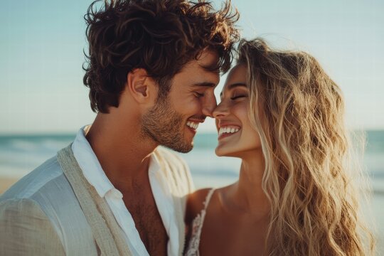 A couple in a tender embrace, sharing a moment by the seaside, symbolizing love and harmony, in elegant beachwear, backlit by the soft ocean light.
