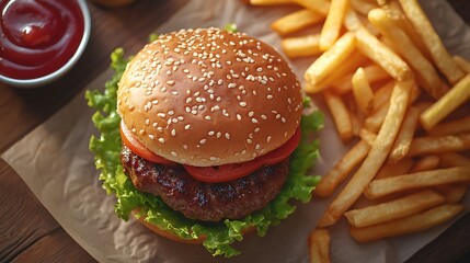 A top-down shot of fast food with fries and a burger on a modern wooden table