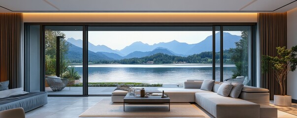 Modern living room with sliding sash doors opening to scenic lake and mountain view in luxurious apartment