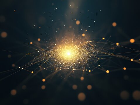 Digital network formation fiber optic lines converging into a glowing nod modern technology abstract environment close-up view connectivity concept