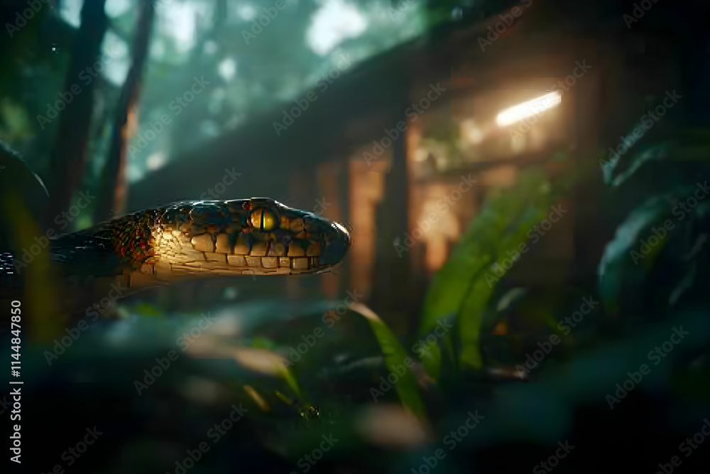 Poster close-up view of a snake in a lush green forest with a cabin in the background under soft ambient li