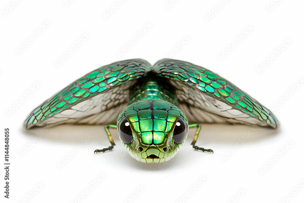 Poster vibrant green insect with shimmering wings displaying intricate patterns against white background