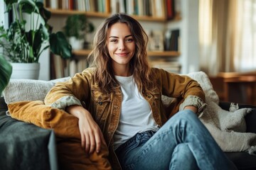 Obraz premium A cheerful woman sits comfortably on a sofa in a sunlit living room, surrounded by books and plants, exuding a sense of relaxation and contentment.