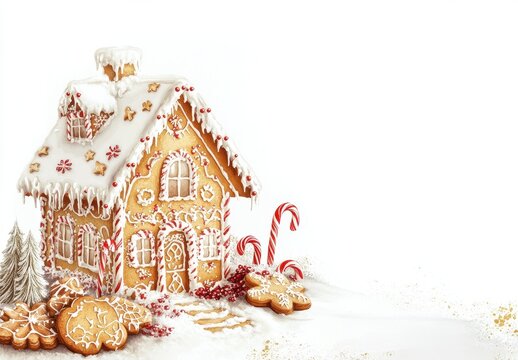 Cute gingerbread house, surrounded by Christmas cookies and candy cane