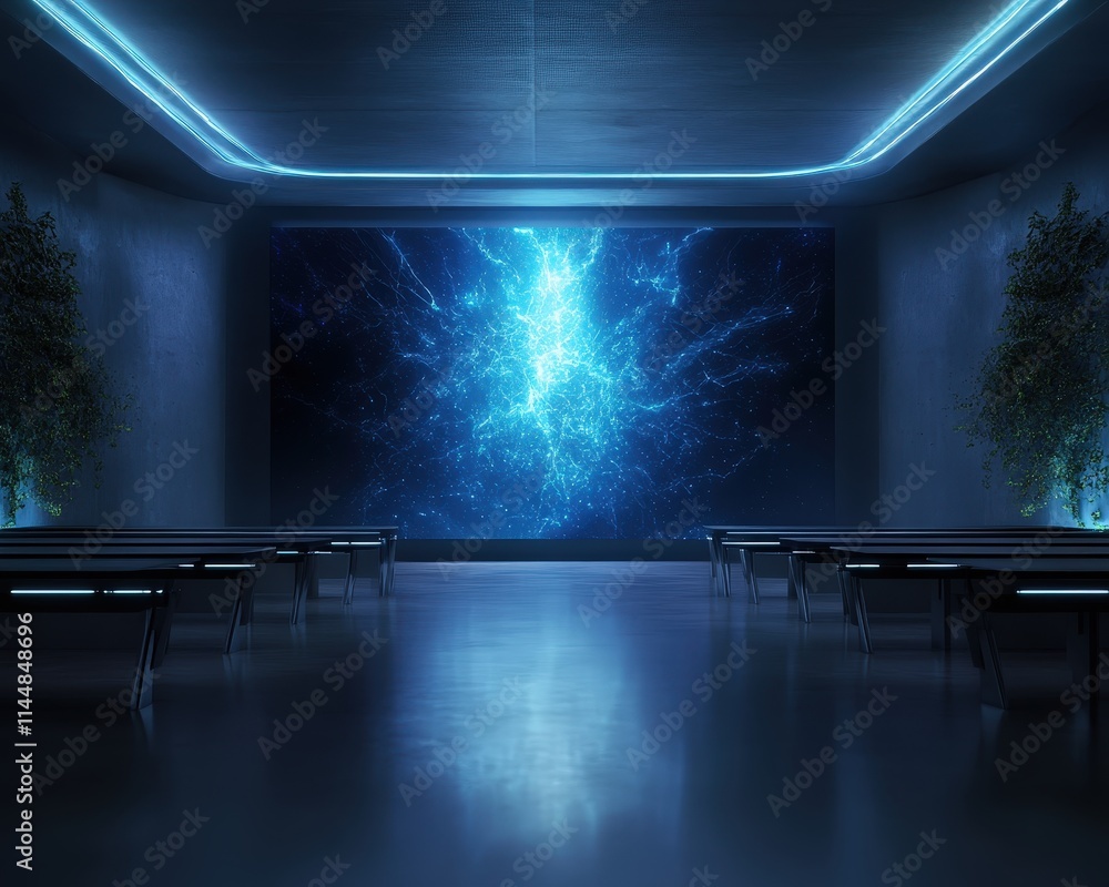 Poster futuristic classroom experience high-tech learning space digital environment immersive technology fi
